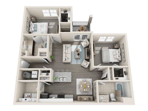 A 3D floor plan of a house with a kitchen, living room, and two bedrooms.